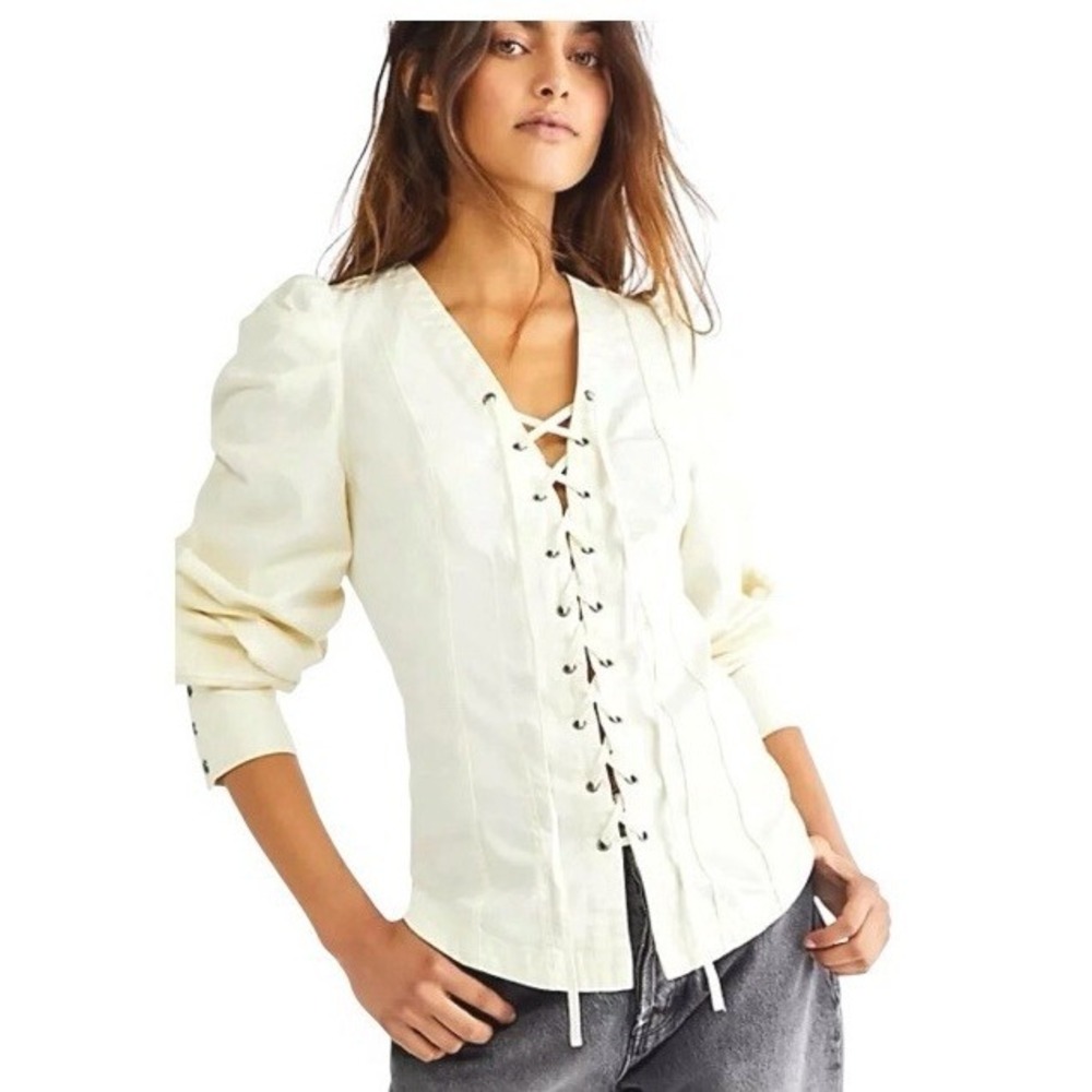 NEW Free People Laced Up Denim Cowboy Style Top Womens XS Ivory
